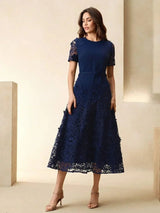 Lina Midi Dress - Round Neck - Formal & Evening - Regular Sleeve - High Waist - Elegant