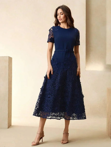 Lina Midi Dress - Round Neck - Formal & Evening - Regular Sleeve - High Waist - Elegant