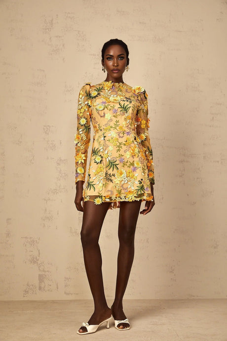 Lina Mini Dress 3D Floral Appliqu Yellow Garden