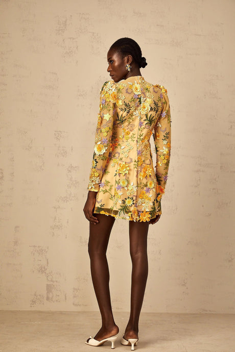 Lina Mini Dress 3D Floral Appliqu Yellow Garden