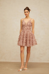 Lina Mini Dress Dusty - Pink Rose Appliqu Flounce Hem
