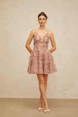 Lina Mini Dress Dusty - Pink Rose Appliqu Flounce Hem