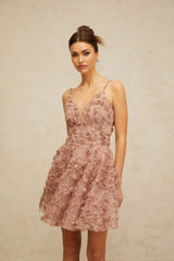 Lina Mini Dress Dusty - Pink Rose Appliqu Flounce Hem