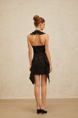 Lina Mini Dress - Halterneck - Open Back - Ruffled Detailing - Asymmetrical Design - Rear Zip Fastening