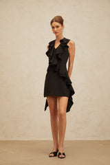 Lina Mini Dress - Halterneck - Open Back - Ruffled Detailing - Asymmetrical Design - Rear Zip Fastening