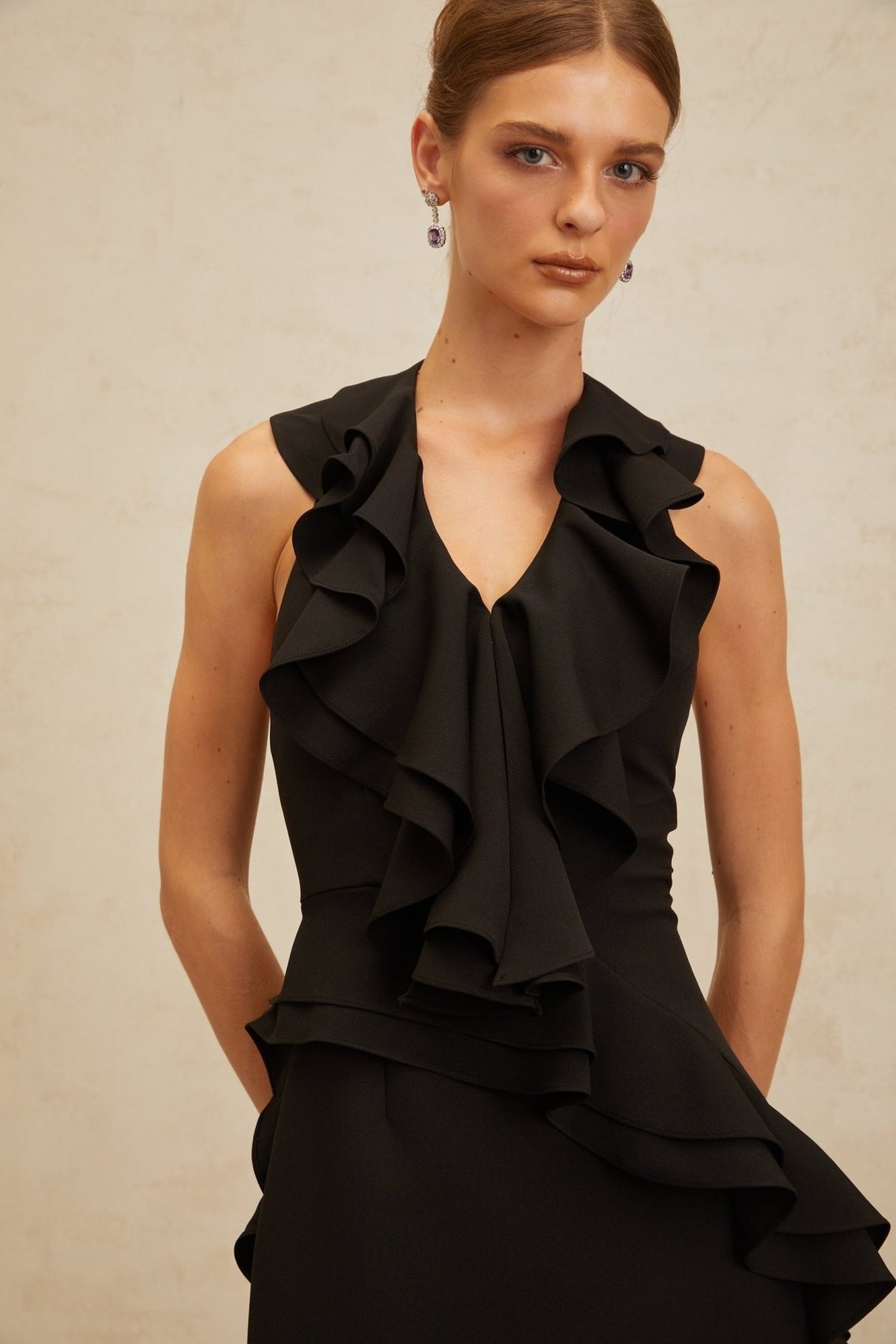 Lina Mini Dress - Halterneck - Open Back - Ruffled Detailing - Asymmetrical Design - Rear Zip Fastening