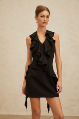 Lina Mini Dress - Halterneck - Open Back - Ruffled Detailing - Asymmetrical Design - Rear Zip Fastening
