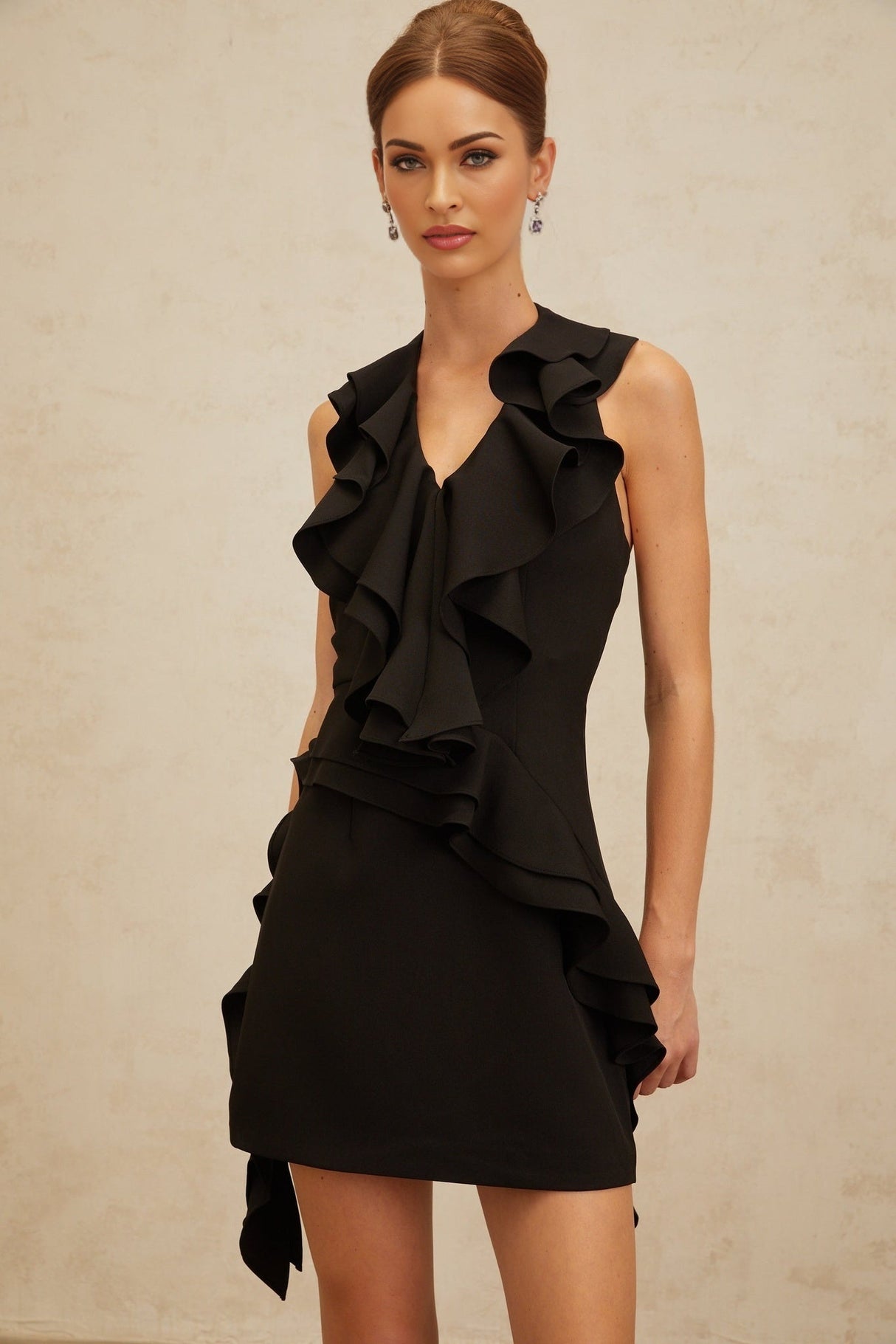 Lina Mini Dress - Halterneck - Open Back - Ruffled Detailing - Asymmetrical Design - Rear Zip Fastening