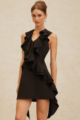 Lina Mini Dress - Halterneck - Open Back - Ruffled Detailing - Asymmetrical Design - Rear Zip Fastening