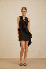 Lina Mini Dress - Halterneck - Open Back - Ruffled Detailing - Asymmetrical Design - Rear Zip Fastening