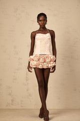 Lina Top & Skirt Set Pink Faux - Flower Halter Corset Mini Elasticized
