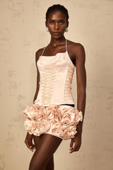 Lina Top & Skirt Set Pink Faux - Flower Halter Corset Mini Elasticized