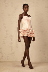 Lina Top & Skirt Set Pink Faux - Flower Halter Corset Mini Elasticized