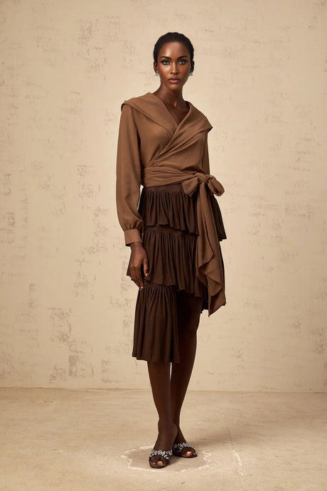 Liora Brown Pleated Tiered Mini Skirt