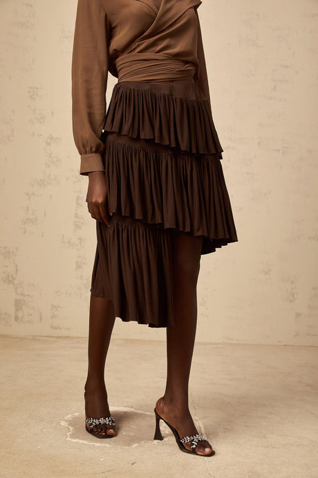 Liora Brown Pleated Tiered Mini Skirt