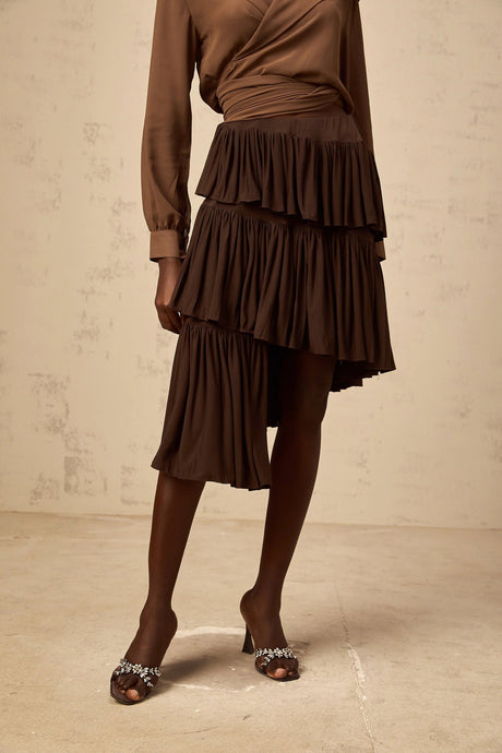 Liora Brown Pleated Tiered Mini Skirt