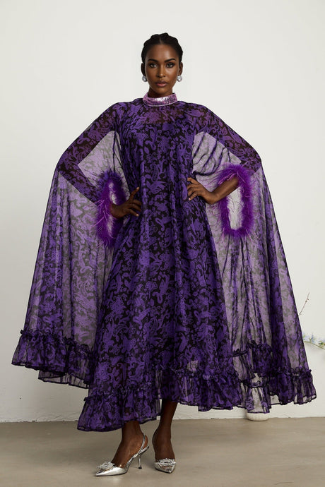 Lisette feathertrim batwingsleeve maxi dress