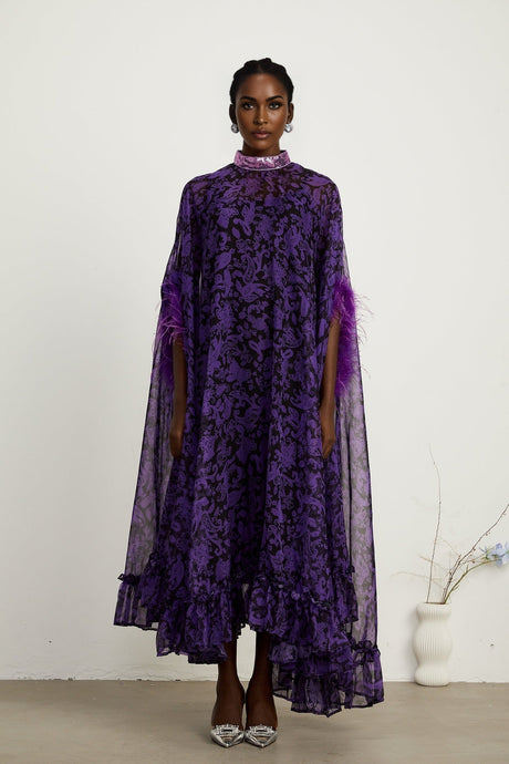 Lisette feathertrim batwingsleeve maxi dress
