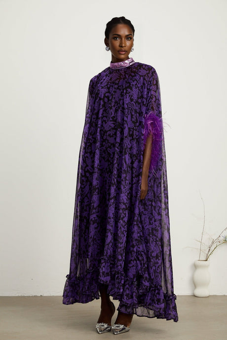 Lisette feathertrim batwingsleeve maxi dress