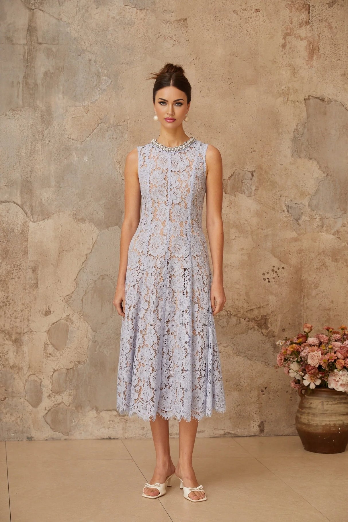 Lison blue midi dress with embellished floral lace pattern and design