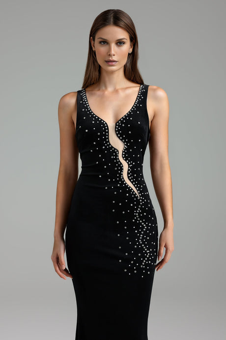 Lodovica Black Embellished Slim Silhouette Dress for Evening Events and Formal Gatherings