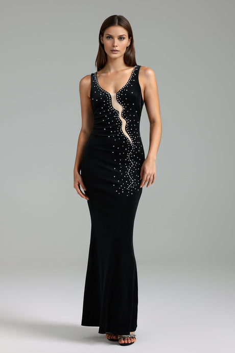 Lodovica Black Slim Silhouette Dress with Shimmering Embellishments for Evening Events or Formal Gatherings