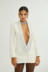 Lola Coat White Crystal Embellished VNeck Thigh Length