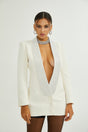 Lola Coat White Crystal Embellished VNeck Thigh Length