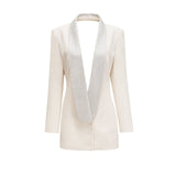 Lola Coat White Crystal Embellished VNeck Thigh Length