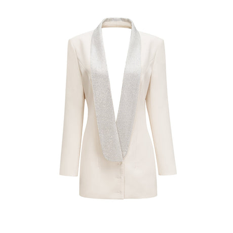 Lola Coat White Crystal Embellished VNeck Thigh Length