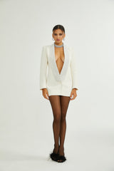 Lola Coat White Crystal Embellished VNeck Thigh Length