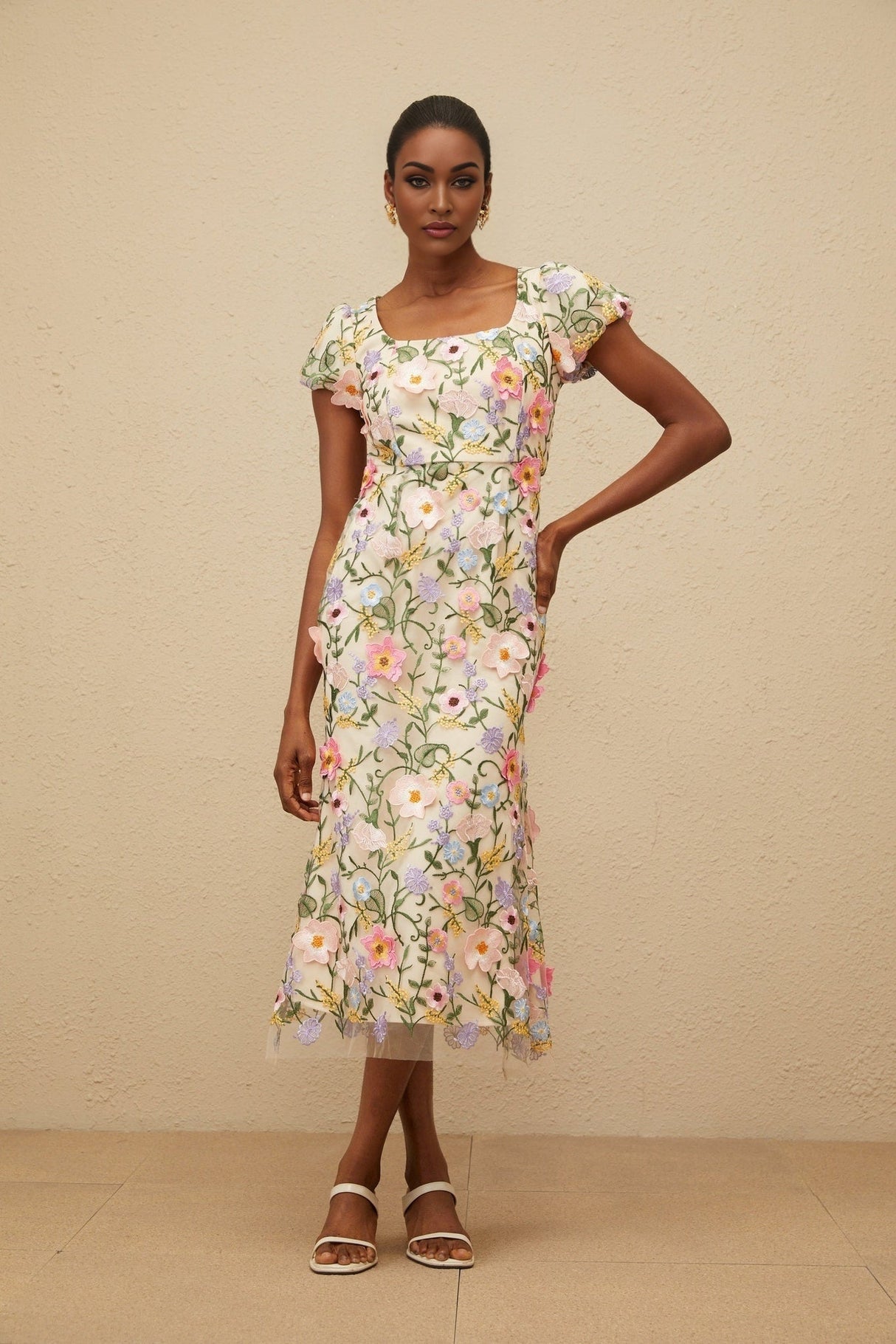Lola Midi Dress - Cap Sleeves - Square Neck - Fitted Waistline - Tulle Overlay - Floral Embroidery