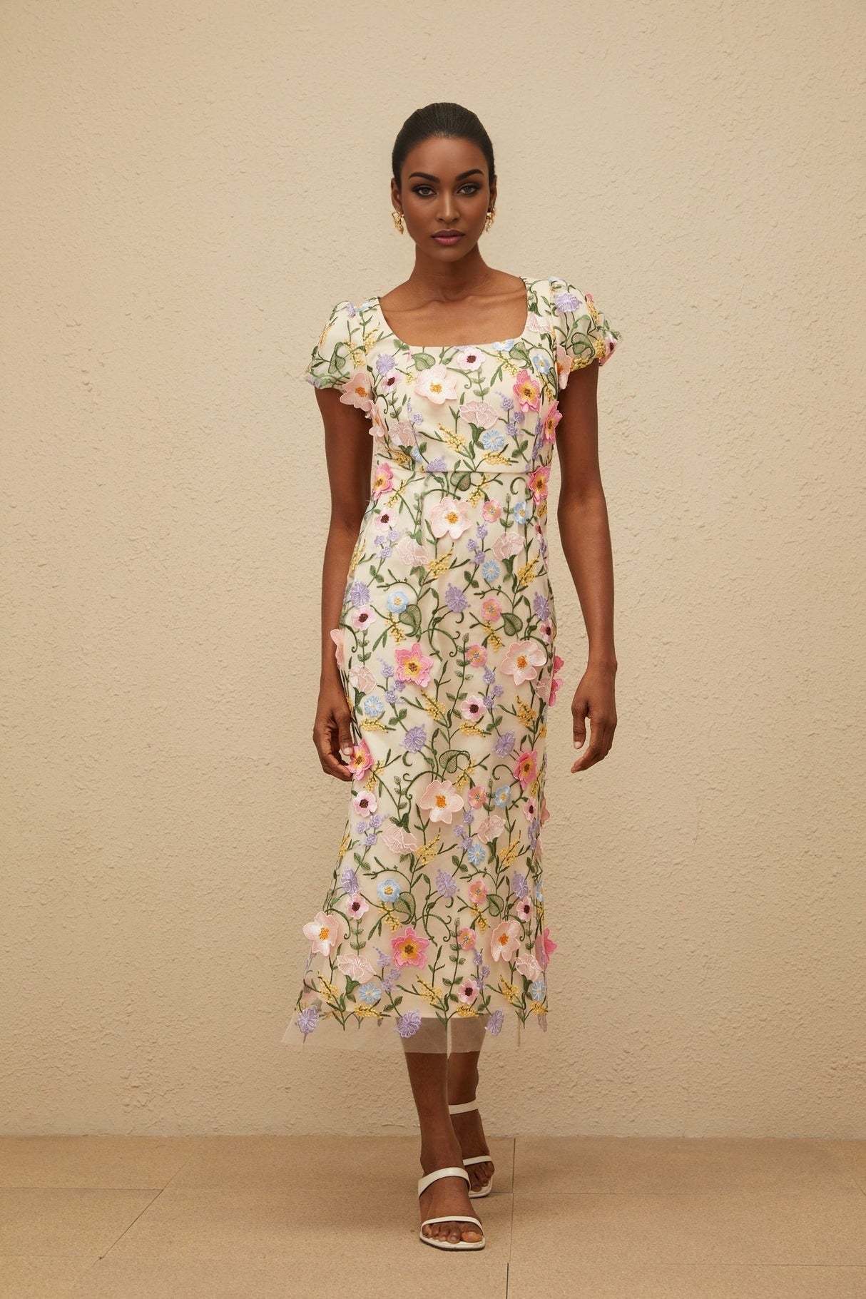 Lola Midi Dress - Cap Sleeves - Square Neck - Fitted Waistline - Tulle Overlay - Floral Embroidery