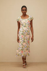 Lola Midi Dress - Cap Sleeves - Square Neck - Fitted Waistline - Tulle Overlay - Floral Embroidery