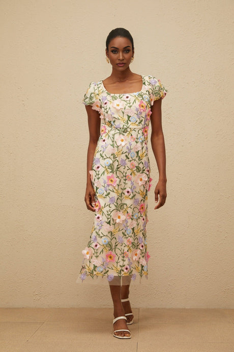 Lola Midi Dress - Cap Sleeves - Square Neck - Fitted Waistline - Tulle Overlay - Floral Embroidery