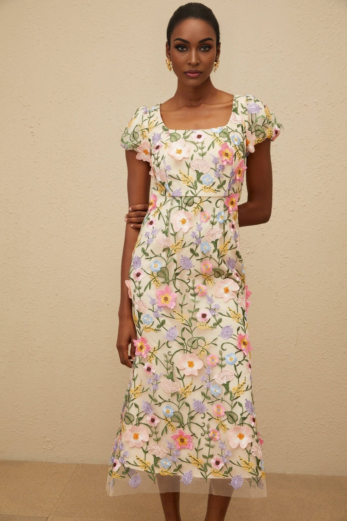 Lola Midi Dress - Cap Sleeves - Square Neck - Fitted Waistline - Tulle Overlay - Floral Embroidery