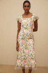Lola Midi Dress - Cap Sleeves - Square Neck - Fitted Waistline - Tulle Overlay - Floral Embroidery