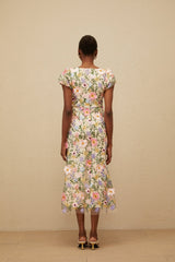 Lola Midi Dress - Cap Sleeves - Square Neck - Fitted Waistline - Tulle Overlay - Floral Embroidery