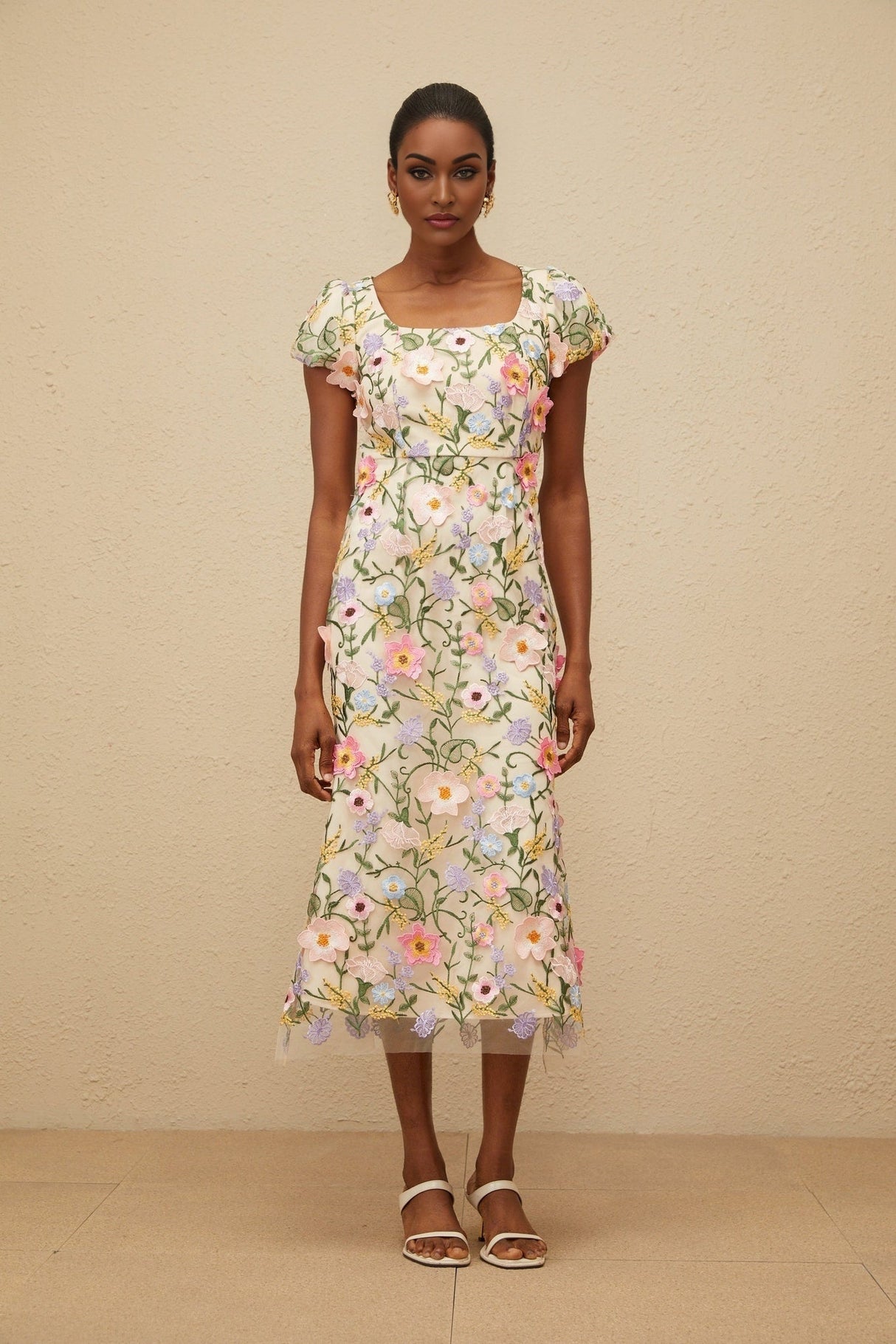 Lola Midi Dress - Cap Sleeves - Square Neck - Fitted Waistline - Tulle Overlay - Floral Embroidery
