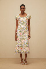 Lola Midi Dress - Cap Sleeves - Square Neck - Fitted Waistline - Tulle Overlay - Floral Embroidery