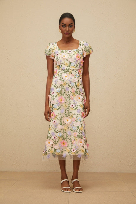 Lola Midi Dress - Cap Sleeves - Square Neck - Fitted Waistline - Tulle Overlay - Floral Embroidery