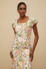 Lola Midi Dress - Cap Sleeves - Square Neck - Fitted Waistline - Tulle Overlay - Floral Embroidery
