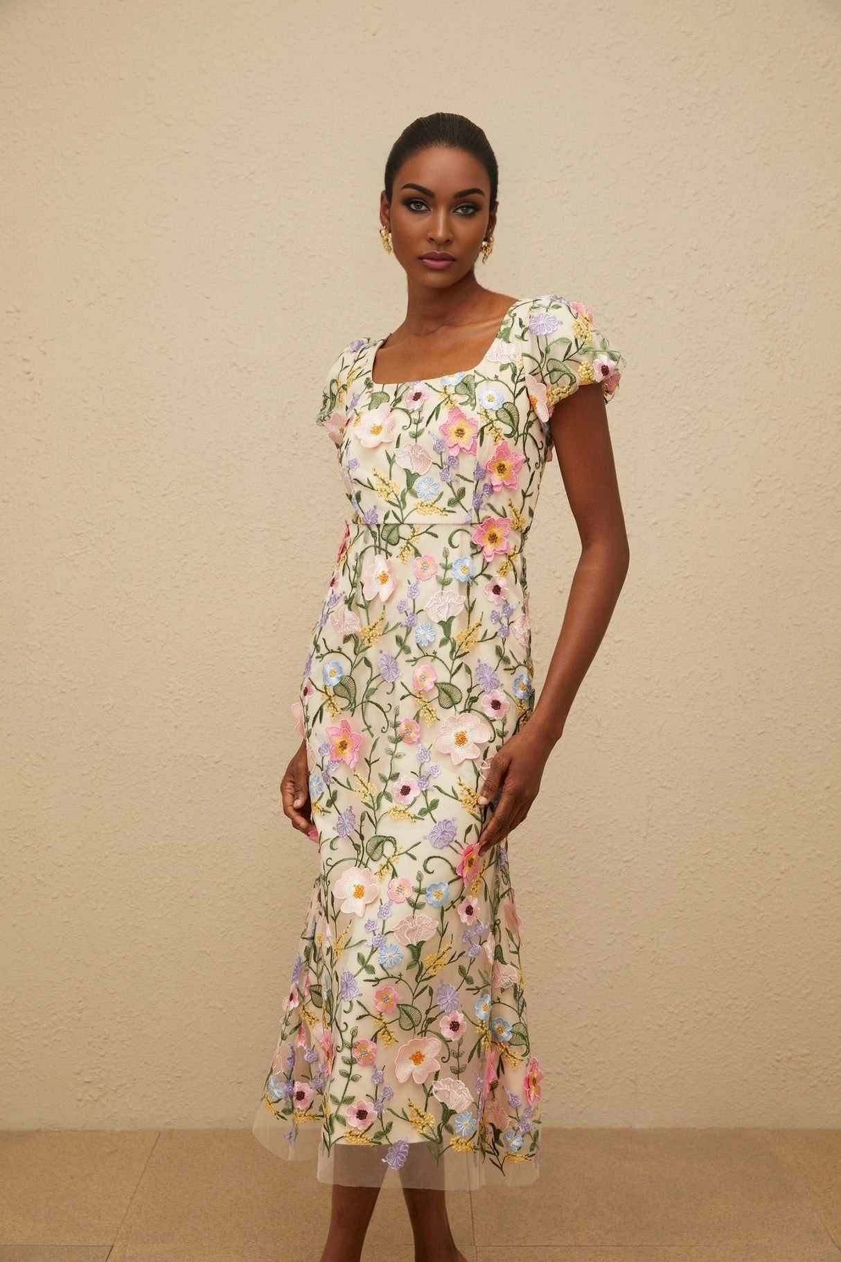 Lola Midi Dress - Cap Sleeves - Square Neck - Fitted Waistline - Tulle Overlay - Floral Embroidery