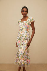Lola Midi Dress - Cap Sleeves - Square Neck - Fitted Waistline - Tulle Overlay - Floral Embroidery
