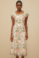 Lola Midi Dress - Cap Sleeves - Square Neck - Fitted Waistline - Tulle Overlay - Floral Embroidery