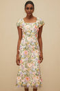 Lola Midi Dress - Cap Sleeves - Square Neck - Fitted Waistline - Tulle Overlay - Floral Embroidery