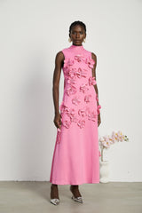 Lola Pink Maxi Dress with Faux - Flower Detail, Bow Neckline and Flounce Hem