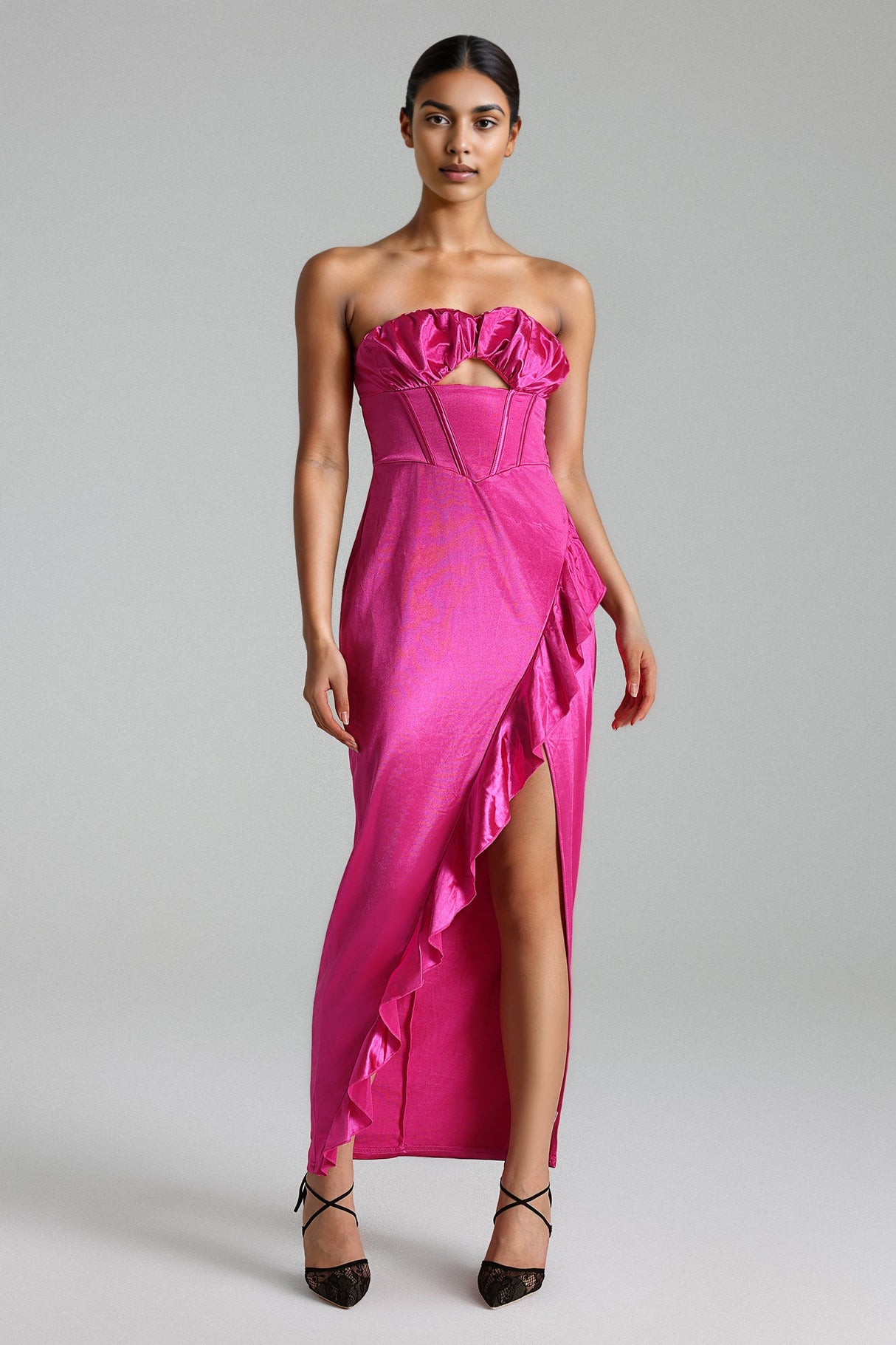 Lola Pink Strapless Ruffled Neckline Cutout Detail Slit Side Dress