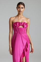 Lola Pink Strapless Ruffled Neckline Cutout Detail Slit Side Dress