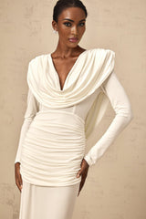 London Maxi Dress with Plunging V - Neck, Open Back and Ruched Details